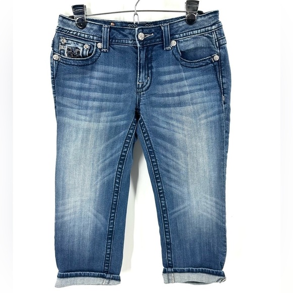 Miss Me Womens Cuffed Capri Jeans Size 29 Flap Pocket Bling Rhinestone Cropped - Picture 3 of 14